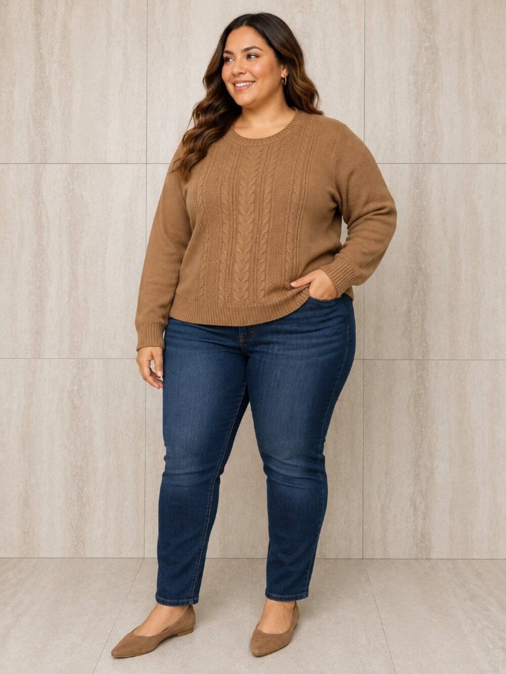 GAP Women's XXL Cable Knit Sweater Tan Camel Brown Crewneck Pullover